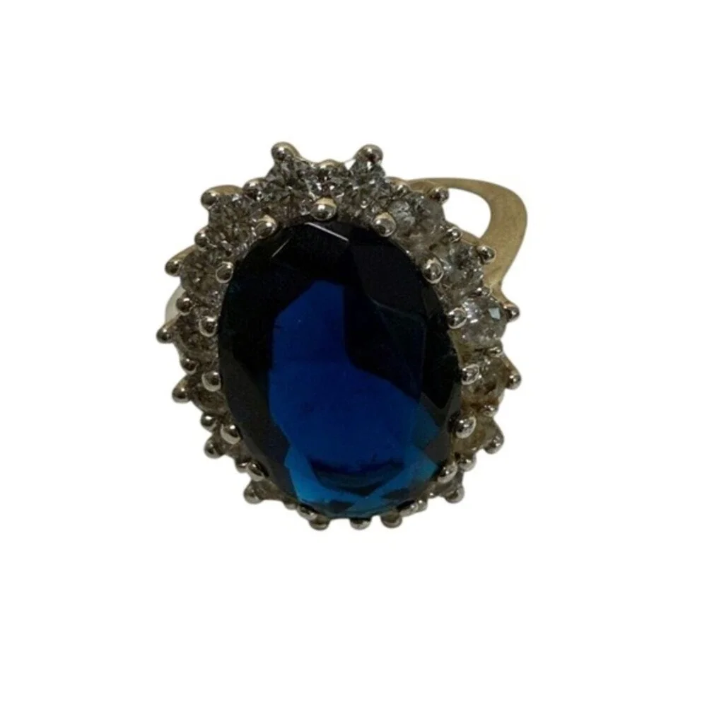 Blue Cocktail Ring Silver Tone Halo Statement Ring Prom Wedding Glam